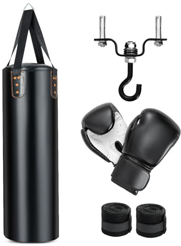 GYMAX Punching Bag, Unfilled Heavy Boxing Bag Set with 12OZ Gloves, Wraps, Ceiling Hook, Hanging Kick Boxing Bag for Adults Youth, MMA, Kickboxing, Muay Thai, Karate, Taekwondo, Home Gym Training