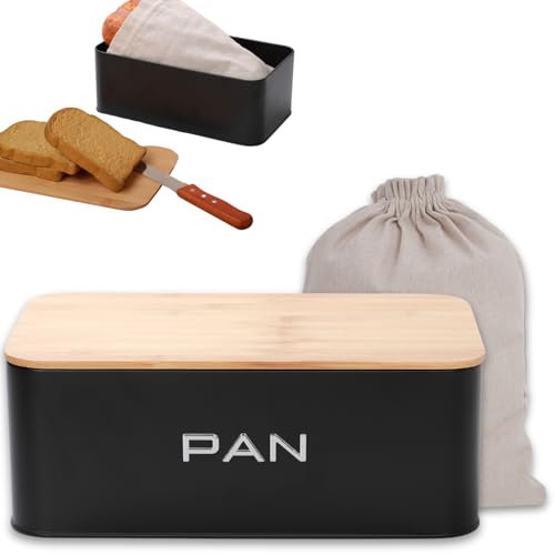 KOOK TIME Boîte à Pain en Métal avec Couvercle en Bambou – Huche à Pain Ventilée – Design Moderne – Inclut Sac à Pain en Coton – 34x19x12.5 cm. - Noir Mat