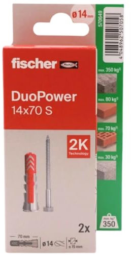 fischer - Duopower 14x70 Con Tornillo - 2U, Tacos para pared multimaterial, sirven para Colgar Bicicletas, Cuadros, Armarios, Soportes de Televisión, Estanterías, Muebles.