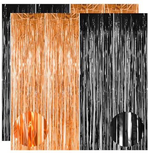 4pcs 3.2 x 8.3ft Glitter Black and Orange Tinsel Curtain Halloween Foil Curtain Door Streamers Fringe Curtains Backdrop Halloween Party Decorations Backdrop Banner for Indoor Home School Office