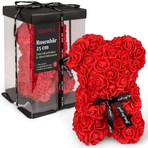 MIJOMA Oso rosa de 25 cm hecho de rosas de espuma duraderas en caja transparente de PET, decoración romántica para el hogar, San Valentín y aniversario