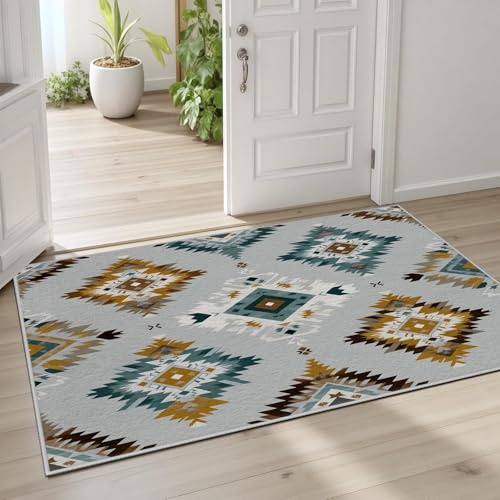 AUWUUA Aztekisk tryckmatta, 120 x 230 cm, korthårig geometrisk stil, perfekt för vardagsrum, sovrum, matsal, nativ sydvästlig design, halkfri och tvättbar.