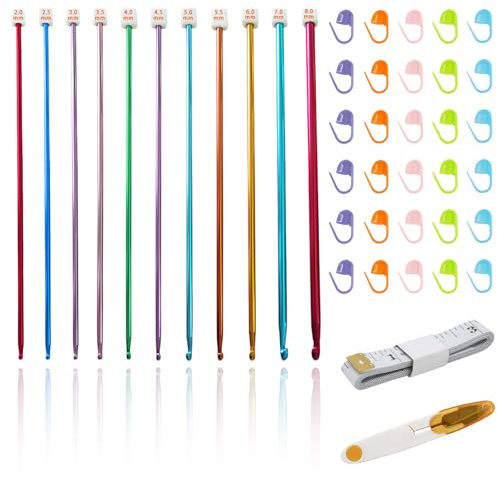 Foonary Set di 11 uncinetti tunisini (27 cm, 2,0-8,0 mm) - Set di accessori per uncinetto in alluminio (con forbici + metro da 1,5 m + 30 bottoni di marcatura), set di uncinetti per principianti e