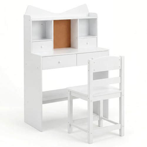 GYMAX Kids Desk and Chair Set, Children Writing Table with 4 Drawers, Storage Hutch, Cork Board and Bottom Shelf, Wooden Study Desk Set for 3 Years Old+, 70x34x110.5cm (White)