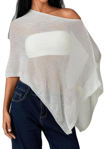 WERNZATT Sheer Poncho for Women Lightweight Knit Asymmetrical Cape Top See Through Loose Shawl Summer Swimsuit Beach Vacation Cover Up