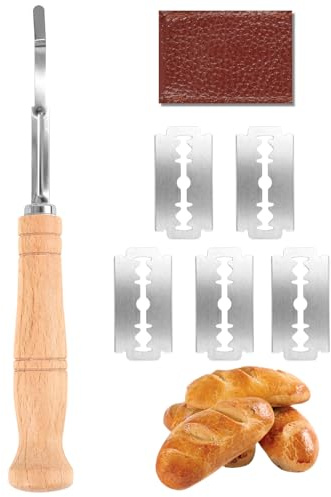 Cuchillo de Panadero Profesional con 5 Cuchillas de Acero Inoxidable 304, Mango de Roble Pulido, Incluye Fundas de Cuero y Bolsa de Almacenamiento, Herramienta Esencial para Panadería y Repostería