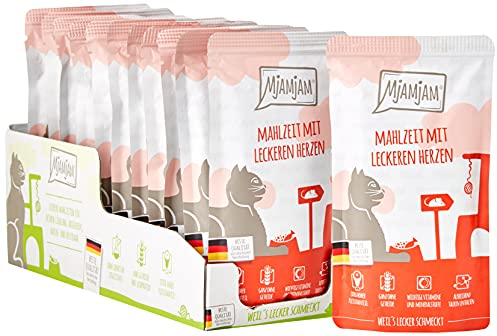 MjAMjAM - Premium Nassfutter für Katzen - Quetschie - Mahlzeit mit leckeren Herzen, 12er Pack (12 x 125 g), getreidefrei mit extra viel Fleisch