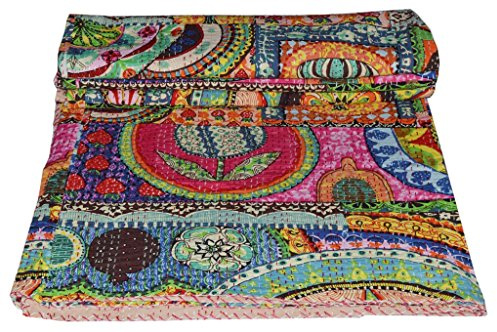YUVANCRAFTS - Couvre-lit Kantha en coton pur fait à la main - Patchwork traditionnel indien multicolore - Couvre-lit, jeté (taille simple)