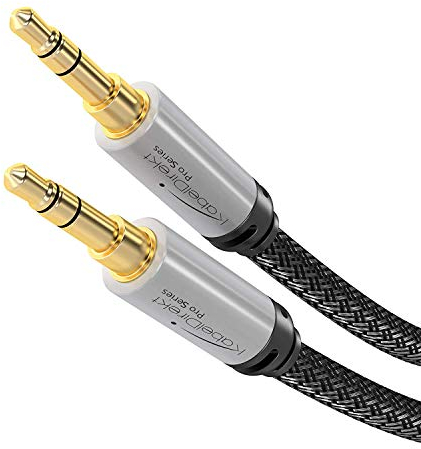 KabelDirekt — 1.5 m — Aux cable and 3.5 mm jack cable (stereo audio cable, almost indestructible metal body, tangle-free nylon sheath, for smartphones/notebooks and other devices, black/silver)