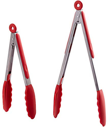HiramWare Kitchen Tongs Set of 2 - 9 inch & 12 inch - Stainless Steel Food Tongs with Silicone Tips - Premium Locking Non-stick Tongs for Cooking, BBQ, Grilling, Salad - Heavy Duty, BPA Free(Red)