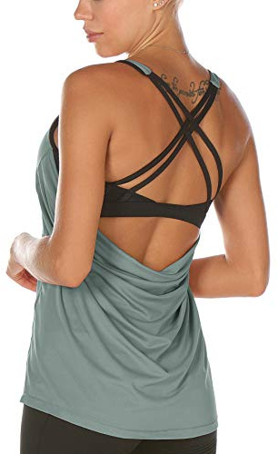 icyzone Dam sport yoga topp med bh – 2 i 1 fitness skjorta cross back gym sport linne topp, Skymningsblå, S