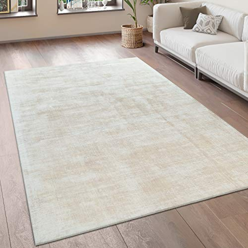 Paco Home Teppich Wohnzimmer Vintage Kurzflor Handgefertigt Hochwertig 100% Viskose, Grösse:200x300 cm, Farbe:Creme