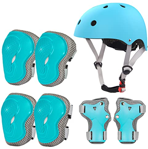 LANOVAGEAR Fahrradhelm Kinder Schonerset mit Skaterhelm Protektoren Schützer Inliner Schutzausrüstung Kinder Knieschoner Set mit Helm 2-10 Jahre für Fahrrad Skateboard Rollschuh (XS, Eisblau)
