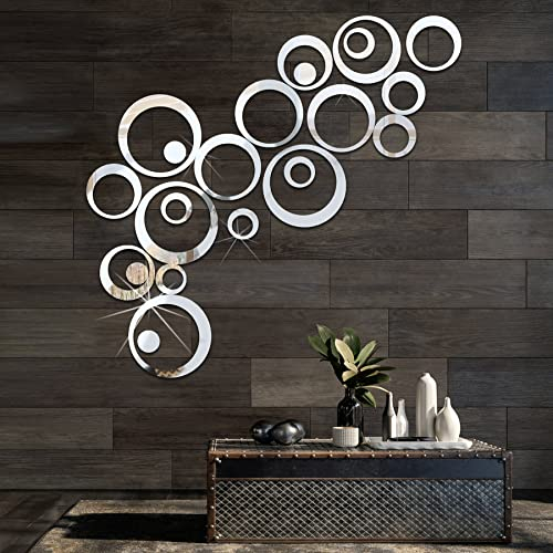 Adesivi Murali Cerchio di Cristallo 3D. Acrilico Specchio Adesivi Murali Camera.Adesivo da Parete Rotondo per Camera Soggiorno Decorazione DIY Casa. (24 Pezzi, Colore Argento)