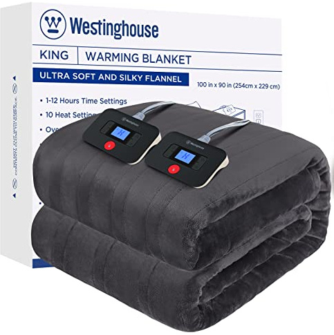 Westinghouse Electric Blanket King Size, Super Cozy Soft Flannel 100 x 90 Heated Blanket with 10 Fast Heating Levels & 1-12 Auto-Off, Machine Washable, ETL&FCC Certification, Charcoal