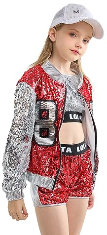 LOLANTA 4-delad hiphop-paljettdräkt för flickor, glittrande grafisk jacka, glänsande maglinne, metalliska shorts, röd, 6-7 år, 130