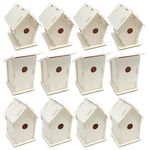 Podzly Kids Wooden Birdhouse Craft Kit - 12 DIY Bird House Kits - Bulk Arts and Crafts Set - Wooden Houses to Paint, Build, and Personalize - Perfect Kids Crafts Activity with 3 Designs to Enjoy