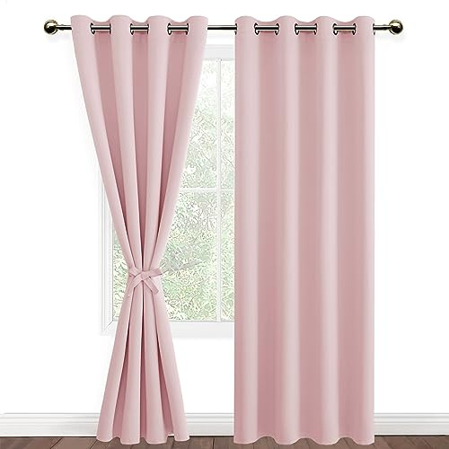DWCN Blackout Curtains with Tiebacks for Bedroom Thermal Insulated Solid Eyelet Curtains for Living Room,2 Panels,52 Wide x 84 Drop Pink