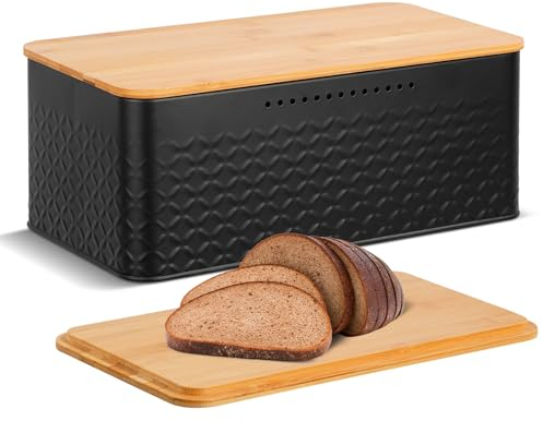 Hossejoy Metal Bread Box with Bamboo Cutting Board Lid, Bread Storage Container for Kitchen Countertop, Modern Bread Bin Holder Breadbox, Kitchen Decor Organizer (Black)