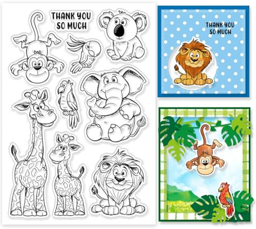 GLOBLELAND Transparente Stempel mit Wildtieren für Scrapbooking, Basteln, Elefant, Löwe, Giraffe, Affe, Koala, Vogel, Silikonstempel für Herstellung von Fotokarten, Album, Tagebuch