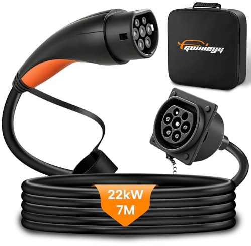 GUWIEYG Tipo 2 Alargador Cargador Coche Eléctrico, 22kW, 7m, 32A, Cable de Carga de Extensión para Vehículos Eléctricos IEC62196, Cable de Extensión del Cargador con Bolsa de Transporte
