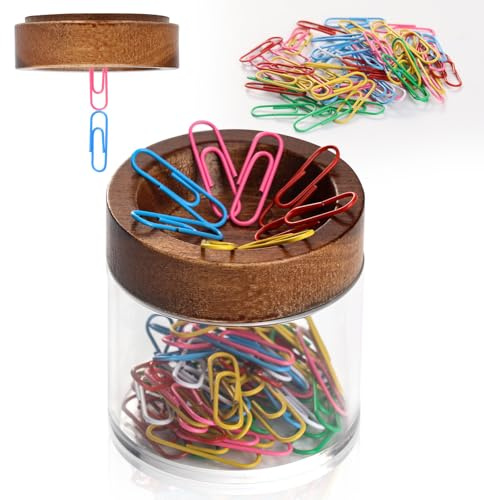 1 distributeur de trombones magnétique 6,5 x 2 cm en bois avec 70 trombones Boîte de rangement magnétique Distributeur de pinces de bureau avec boîte de rangement en acrylique pour fournitures de
