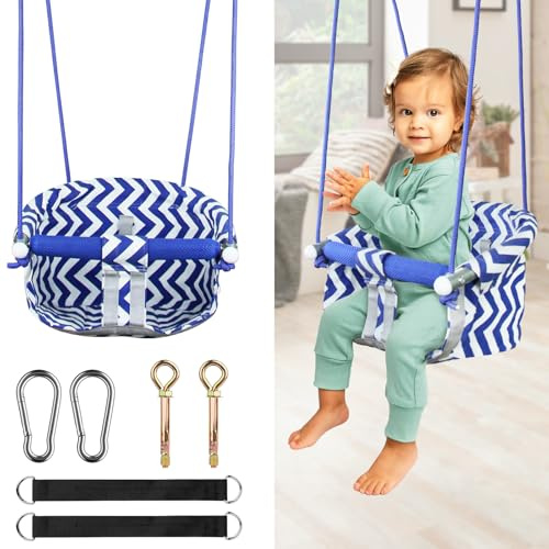 Comfy Toddler Swing Seat, Heavy-Duty Baby Swing with Adjustable Rope & Safety Harness, Drop-Resistant Design Canvas Hanging Tree Swings Easy Installation for Outdoor Indoor Playground Backyard (Blue)