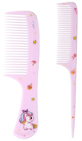 2pcs Pink Cute Hair Combs Set for Girls, Fine Tooth Comb & Rat Tail Styling Comb, Mini Baby Plastic Hairbrush Tools Accessories for Toddlers Kids Women All Hair Types (Unicorn)