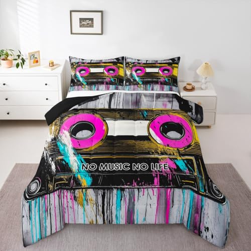 Feelyou Music Comforter Set Queen Size Cassette Tape Music Bedding Set for Kids Boys Girls Retro Trendy Duvet Quilt Bedroom Decor Microfiber 3 Pcs with 2 Pillow Cases