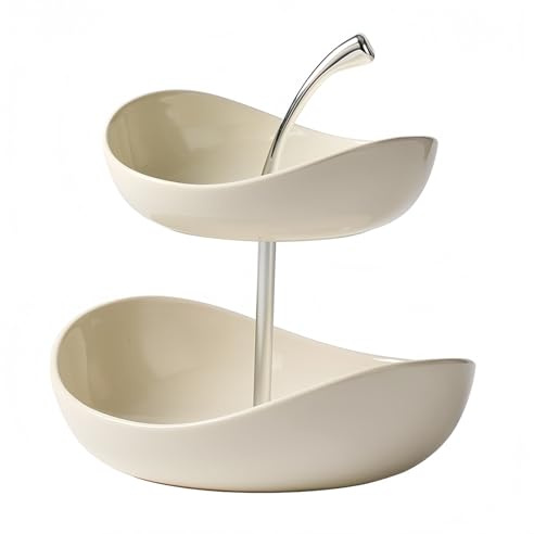 GUASDIE Vassoio per frutta a doppio strato Ciotola per frutta in ceramica a 3 livelli Ciotole da portata in ceramica multistrato con supporto in metallo, vassoio da portata,Crema,Double Layer