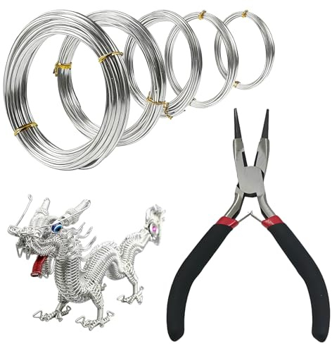 PAPAcroscoma 5 Rolls Aluminum Craft Wire and Plier, 0.8mm ×5m, 3/2/1.5/1mm ×10m/roll, Bendable Craft Wire for Sculpting Armature DIY Jewelry Making (Silver)