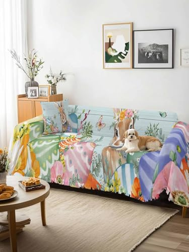 Easter Bunny Sofa Cover Blanket Couch Covers for Armchair Cushion,Couch Sofa Silpcover with Tassel,Colorful Easter Eggs Eucalyptus Teal Wooden Living Room Throw Towel Blanket Covers XX-L 71x150