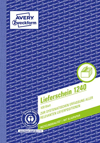 AVERY Zweckform 1240 Lieferschein (A5, 100 Blatt aus Recycling-Papier,, mit 1 Blatt Blaupapier und 1 blanko Durchschlag, zur systematischen Erfassung aller relevanten Lieferpositionen) weiß