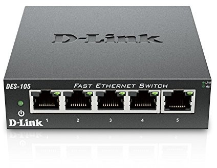 D-Link DES-105/B 5 Port Fast Ethernet Metal Desktop Switch, Hub, Internet Splitter, Metal, Fanless, Plug and Play - UK Model