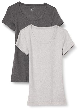 Amazon Essentials Women's Slim-Fit Cap-Sleeve Scoop Neck T-Shirt, Pack of 2, Charcoal Heather/Light Grey Heather, Small