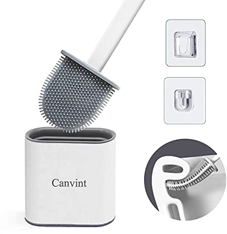 Silicone Toilet Brush and Holder Set, Bathroom Deep Cleaning Bowl Buddy Toilet Brush with Soft Flexible Bristles and No-Slip Plastic Handle, Silicon Toilet Brushes with Base for Anti-drip (White)