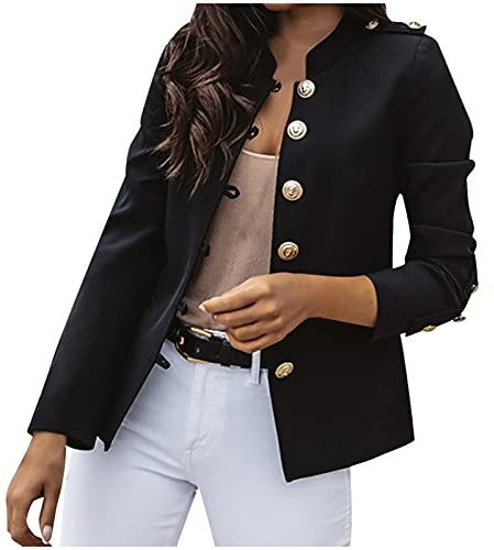 HHMY Sweatblazer dam – kostymjacka elegant kappa med knappslå militär rock casual kavaj fritid ståkrage business kontor kostym jackor smal passform blazer kappa, M – 3XL, Schwarz, M