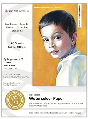100% Baumwoll-Aquarellpapier 300 gsm - 12x16 in (30,5 x 40,6 cm) 20 Blatt Kaltpressung säurefrei für Profi-Künstler 2-seitig gebunden für Aquarell, Gouache, Tinte, Mischtechniken von ZenART