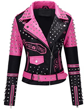 RISISSIDA Studded Leather Jacket Women Moto Motorcycle Faux Leather Short Coat Black-pink 0376 X-L