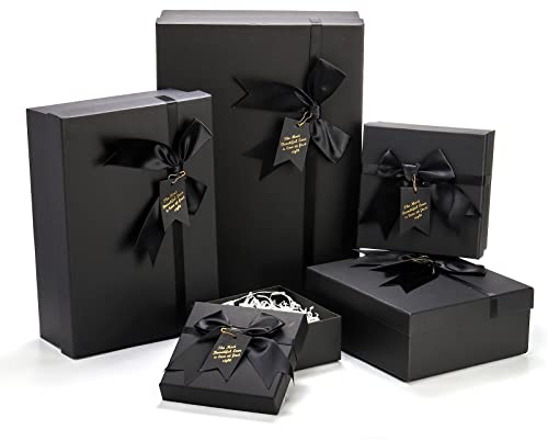 ZENFUN 5 Stück Schwarze Verschachtelte Geschenkboxen mit Deckel, 5 Größen, Luxus Verpackungsbox mit Schleife und Etikett, Geschenkpapier für Geburtstag, Feier, Hochzeiten, 34,8 cm bis 13 cm