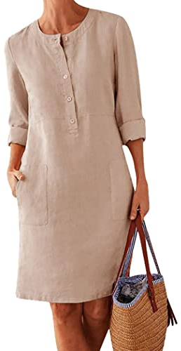 OMZIN Damen Baumwoll Leinen Kleid Freizeitkleid Langarm Rundhalsausschnitt Solide Schlank Weich Kleider Beige XL