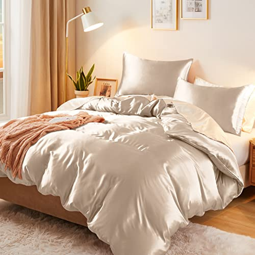Vonty 3-Piece Silky Satin Duvet Cover Set King Size Duvet Cover, Organic Natural 400TC Beige Duvet Cover Set - Luxury & Sexy Bedding Duvet Covers with Zipper Closure(No Comforter)