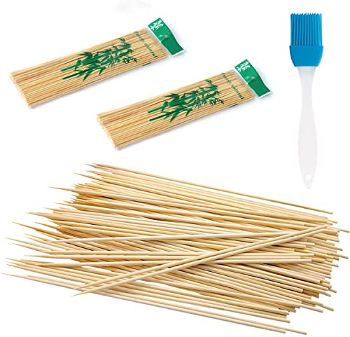 150 bastoncini per barbecue, 1 pennello per olio, bastoncini in legno usa e getta, lunghi bastoncini di legno, resistenti e pratici, adatti per spiedini, bastoncini Kanto (2,5 mm x 30 cm)