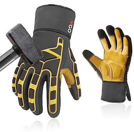 Vgo Pig Leather Work Gloves - Mechanics Gloves with Anti-Vibration, Abrasion Resistance, Palm Patch (1 Pair, L, Gray, PA7756)