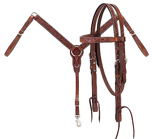 Western Horse Headstall Bridle Breast Collar Reins Tack Set Leather Floral Tooled Handmade Full Cob Pony Breastplate ME-HBC-083 (Full)