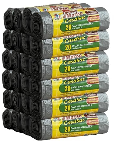 CSC - Sacchetti Spazzatura 30L con Laccetti, 480 Pz, Sacchi Spazzatura 50x65cm per Pattumiera Sottolavello,Buste Spazzatura per Raccolta Differenziata Interno Antigoccia e Antiforo - 24 Rotoli, Grigio