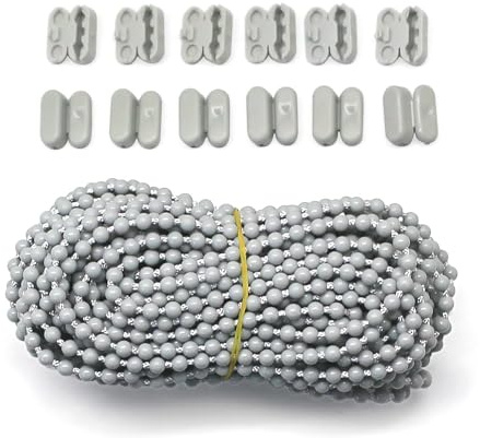 FQTANJU 10 Yards Gray Roller Blind Bead Chain Cord with 12 PCS of Beads Chain Connectors for Roman Venetian Honeycomb Vertical Shade Blind Cord for Roller Blind Replacement Parts Repair Fittings