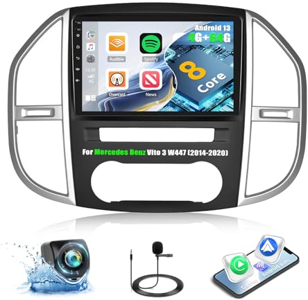8 Core 4G+64G CAMECHO Android 13 para Mercedes Benz Vito 3 W447 (2014-2020) con Navi Carplay Android Auto, 10 Pulgadas Pantalla Doble DIN autoradio con Bluetooth5.0 FM/RDS 32EQ DSP SWC