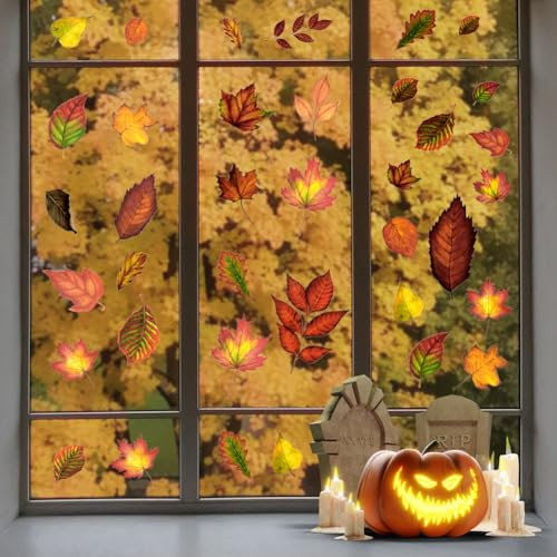 AUAUY 96PCS Autumn Window Stickers, Double-Sided Fall Maple Leaf Window Clings Stickers, Thanksgiving Glass Decals, Static Self-Adhesive PVC Reusable Window Stickers for Glass Living Room(9 Sheets)