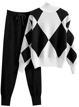 Generico Tuta Donna Elegante Completo 2 Pezzi Complete Tailleur in Maglia Maniche Lunghe Pullover Top Elastico in Vita Pantaloni a Gamba Larga Set Casa Autunnale Invernale Primavera